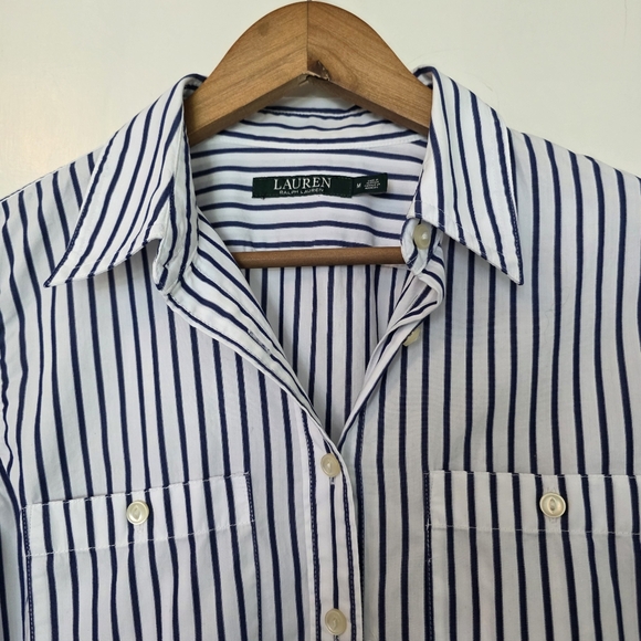 Lauren Ralph Lauren 100% Cotton Shirt – Size M – White / Navy Blue Stripes - Picture 2 of 6